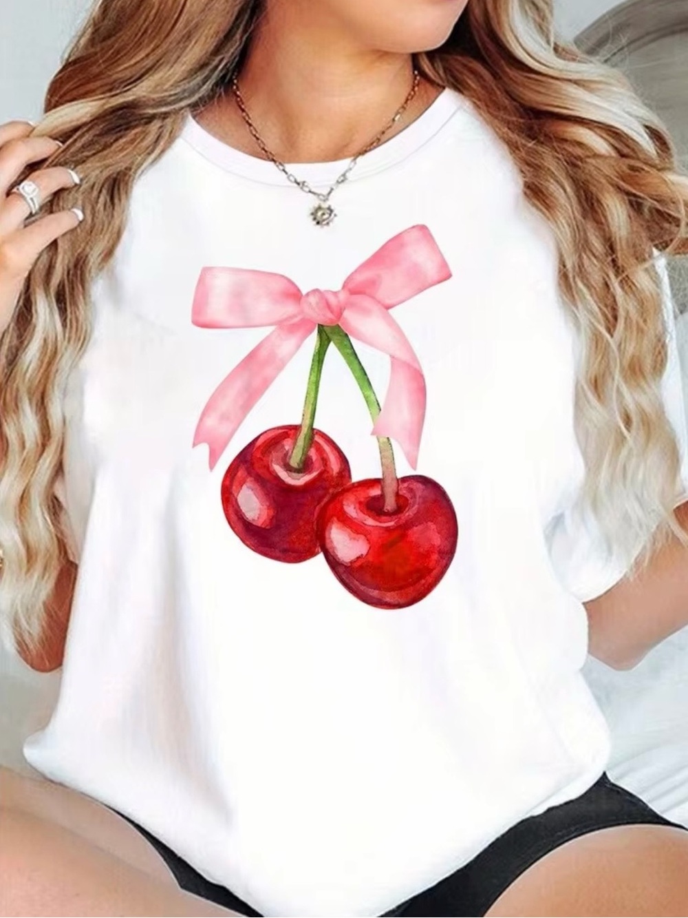 SOLD OUT! SHEIN White Cherry Tee with Pink Bow, Size M (US 6)